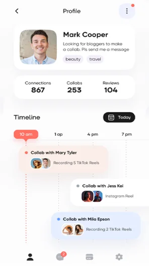 Creator collaboration app: profile stats and a daily timeline of collabs