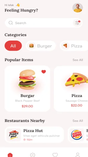 Food delivery app: categories, popular items and nearby restaurants