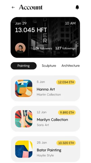 Digital art marketplace app: account balance and collection listings
