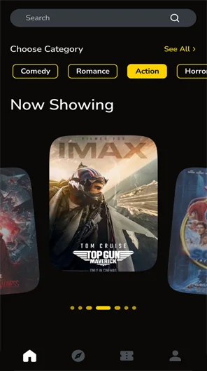 Cinema app: now-showing carousel with genre filters